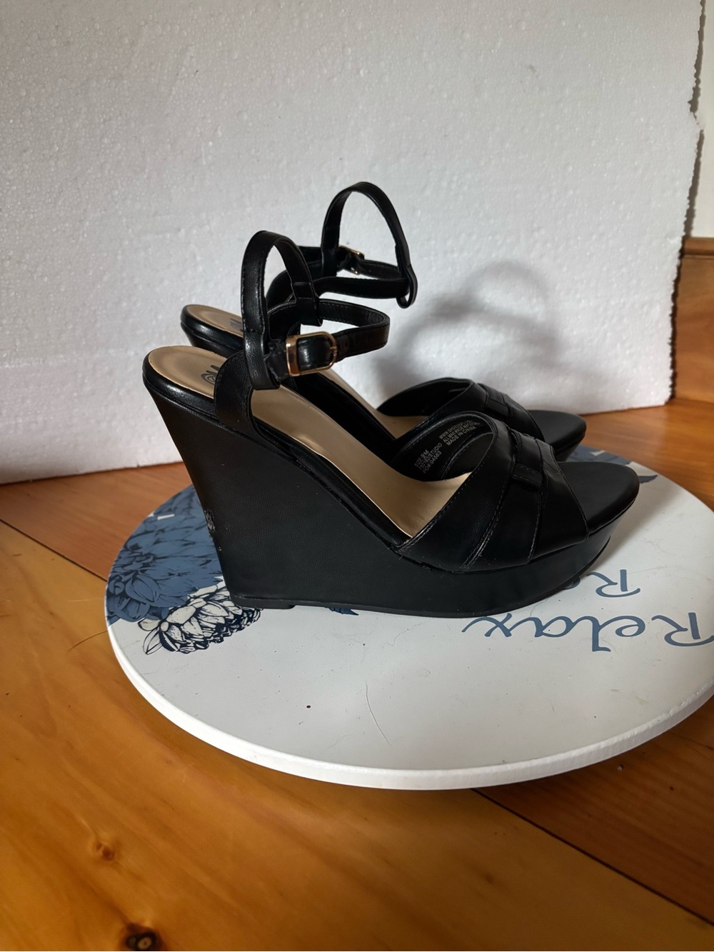 Studio Black Leather Wedge Sandals with Ankle Strap